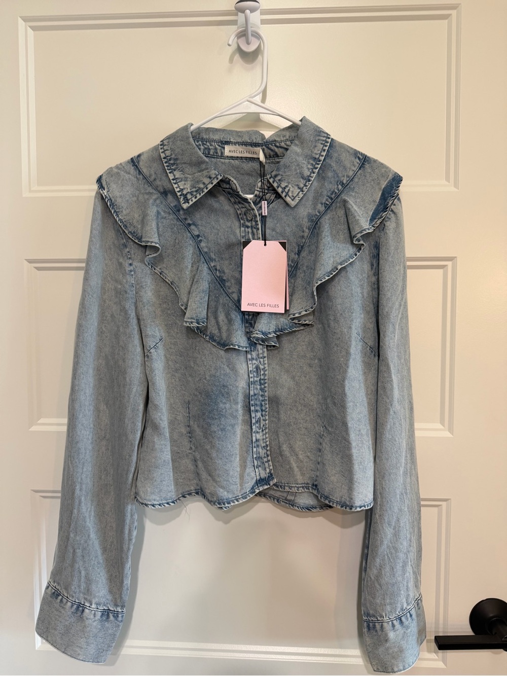 Avec Les Filles Light Wash Denim Ruffle Button-Down Shirt